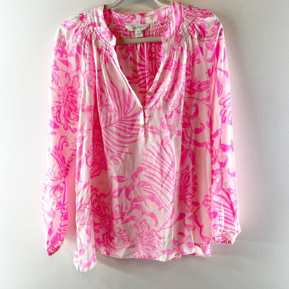 Lilly Pulitzer Elsa Silk Long Sleeve Tropical Print Blouse Top Pink White Small - Picture 2 of 5